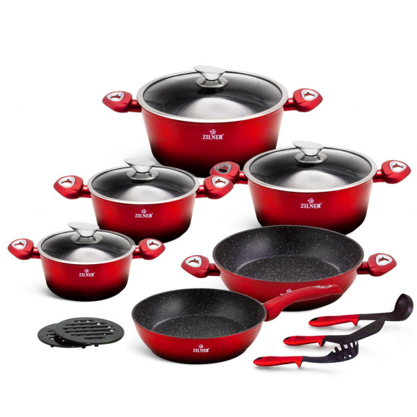 GARNKI z POWŁOKĄ GRANITOWĄ 15 ELE. ZILNER CHERRY RED NOIR ZL-8520