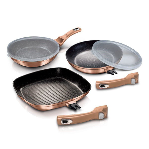 ZESTAW 3 PATELNI GRANITOWYCH Z ODPINANĄ RĄCZKĄ 5 ELE BERLINGER HAUS METALLIC LINE ROSE GOLD BH-7038