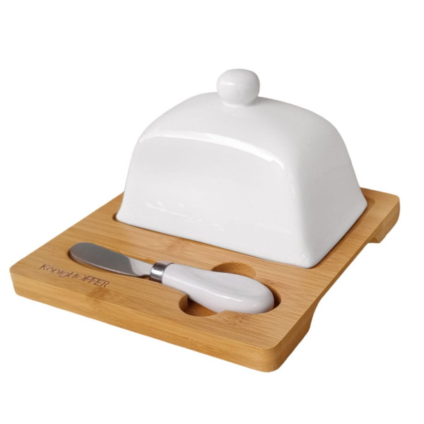 MASELNICZKA PORCELANOWA Z NOŻYKIEM ORAZ DREWNIANĄ PODSTAWĄ KONIGHOFFER KG-0609